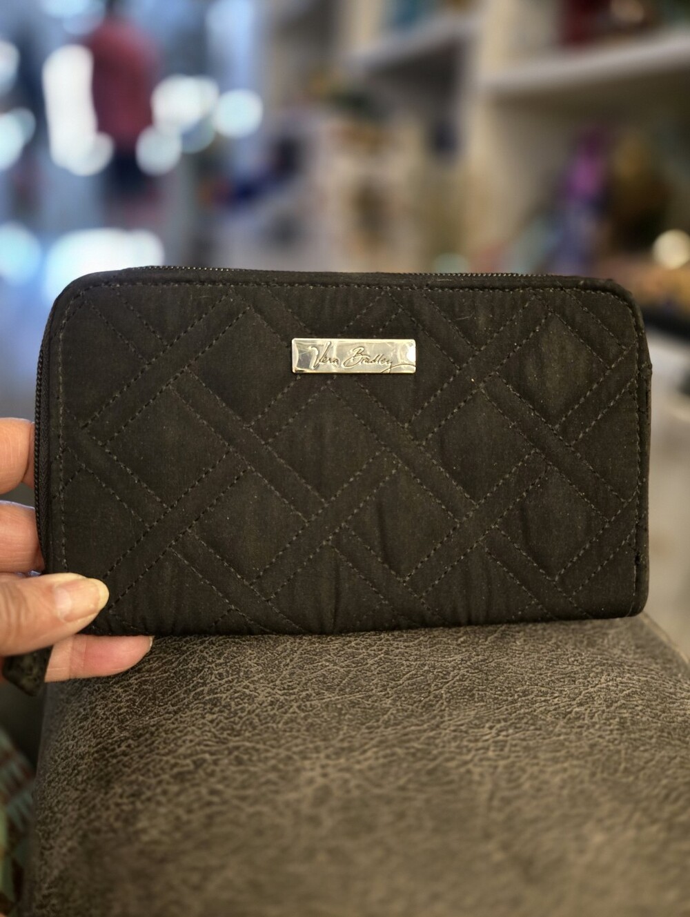 Vera Bradley Black Quilted Zip Wallet with Silver Logo